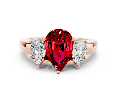 Rose gold Pear Cut Ruby Three-Stone Ring with Four-Prong Setting and Classic Band