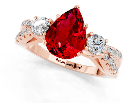 Rose gold Pear Cut Ruby Three-Stone Ring with Pavé Split Shank and Four-Prong Setting_13