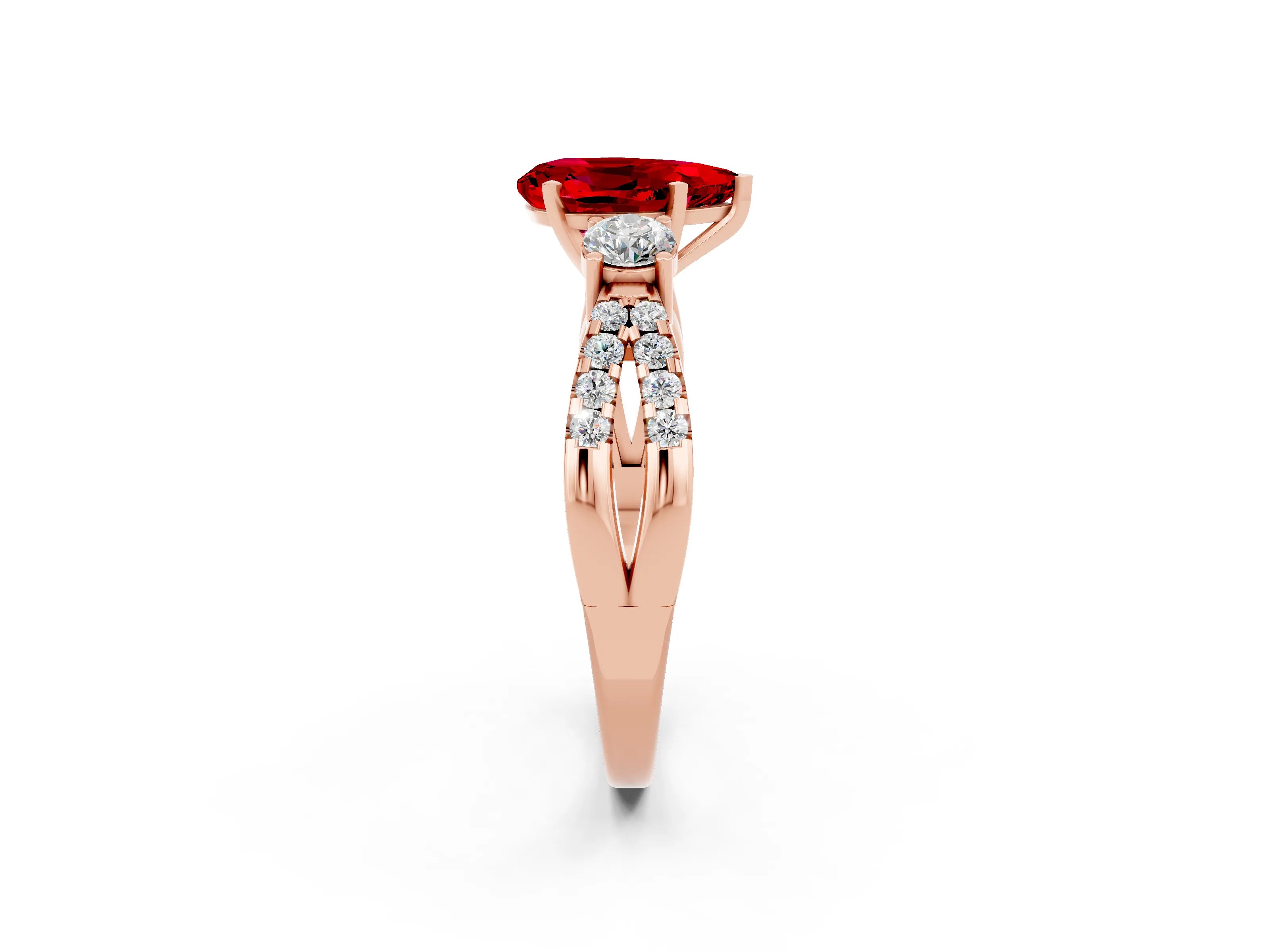 Rose gold Pear Cut Ruby Three-Stone Ring with Pavé Split Shank and Four-Prong Setting_14