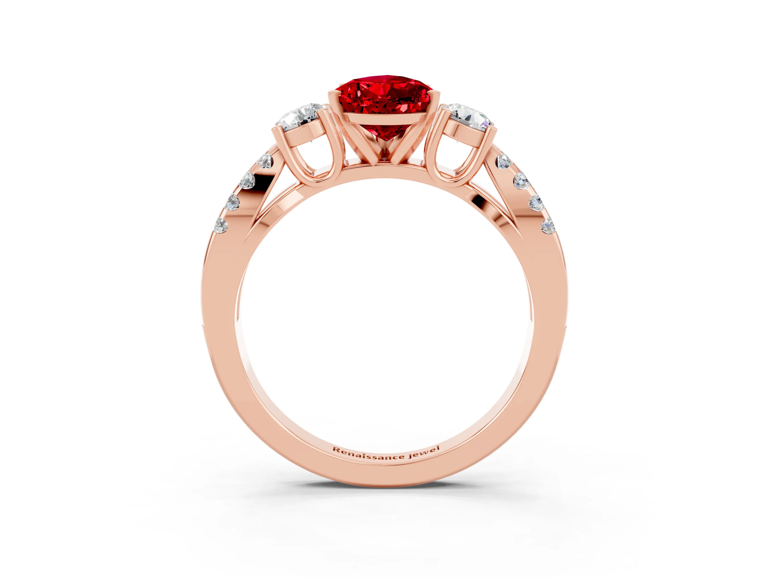 Rose gold Pear Cut Ruby Three-Stone Ring with Pavé Split Shank and Four-Prong Setting_15