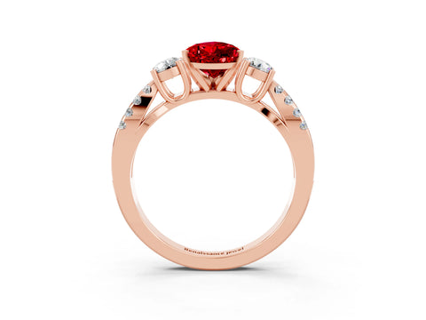 Rose gold Pear Cut Ruby Three-Stone Ring with Pavé Split Shank and Four-Prong Setting_15