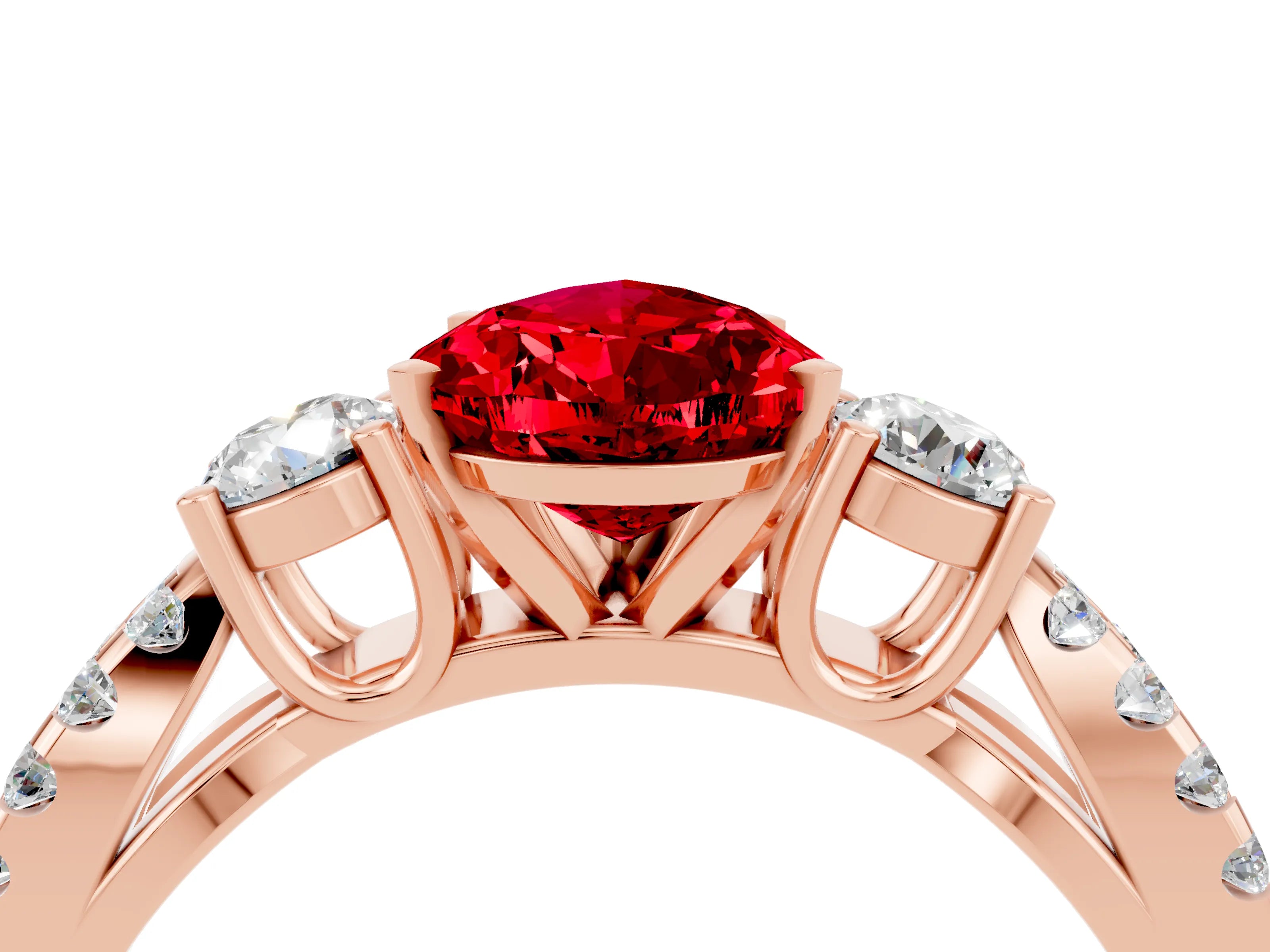 Rose gold Pear Cut Ruby Three-Stone Ring with Pavé Split Shank and Four-Prong Setting_16