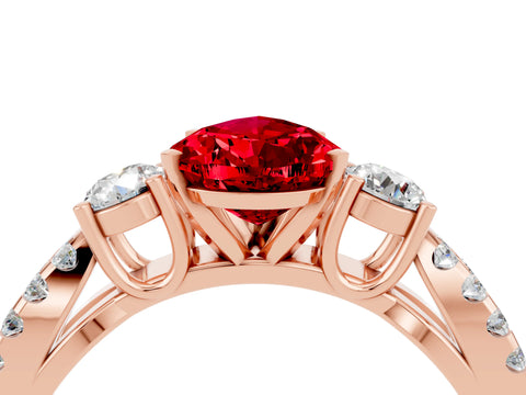 Rose gold Pear Cut Ruby Three-Stone Ring with Pavé Split Shank and Four-Prong Setting_16