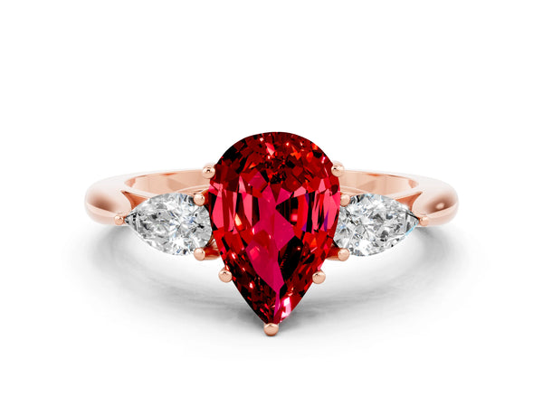 Rose gold Pear Cut Ruby Three-Stone Ring with Pear  Side Stones and Prong Setting