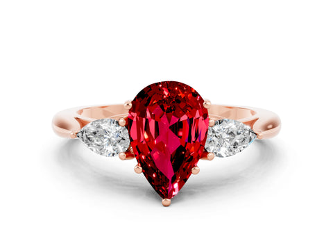 Rose gold Pear Cut Ruby Three-Stone Ring with Pear Side Stones and Four-Prong Setting_12