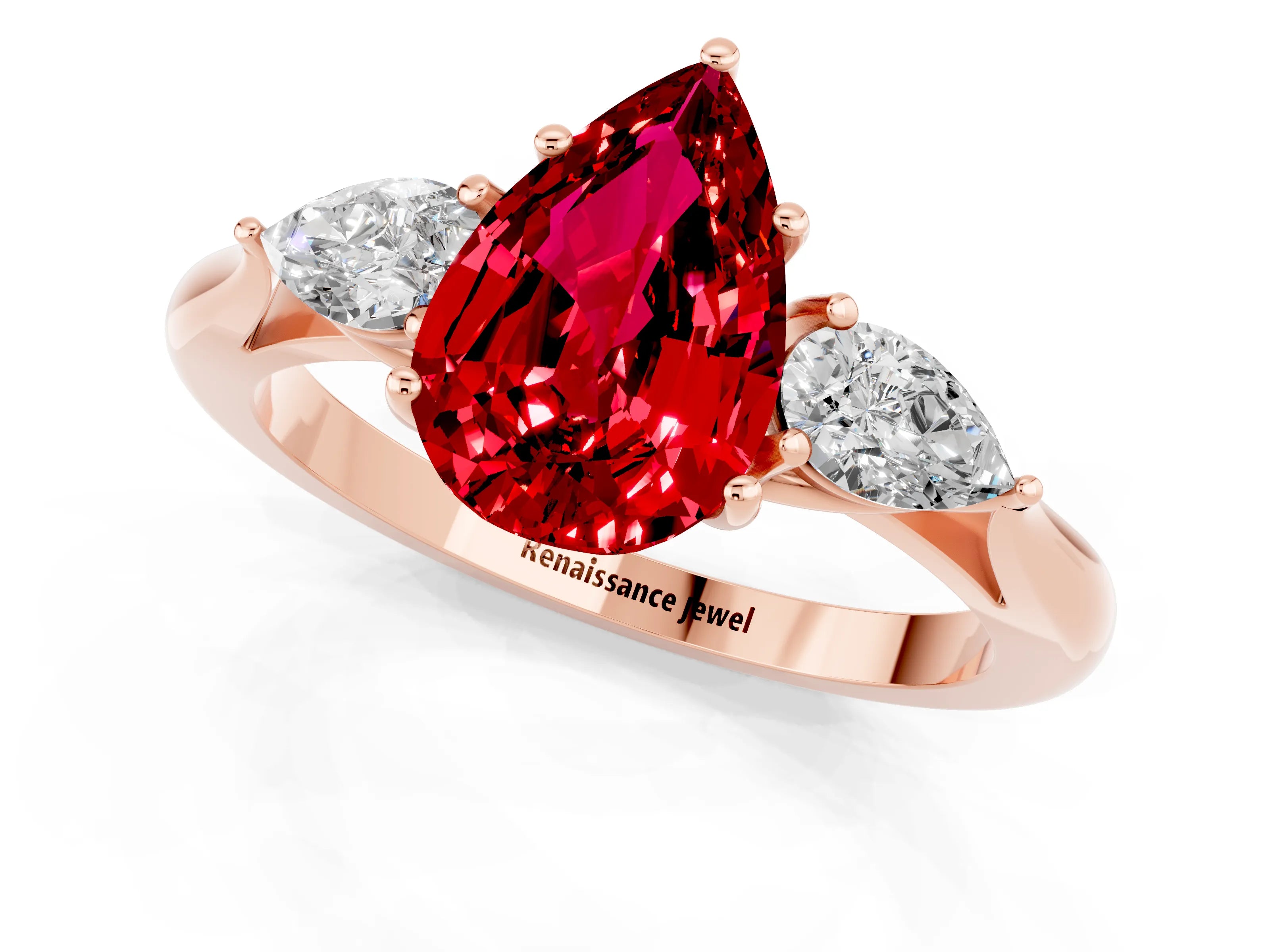 Rose gold Pear Cut Ruby Three-Stone Ring with Pear Side Stones and Four-Prong Setting_13
