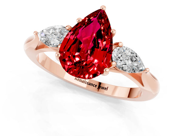 Rose gold Pear Cut Ruby Three-Stone Ring with Pear  Side Stones and Prong Setting