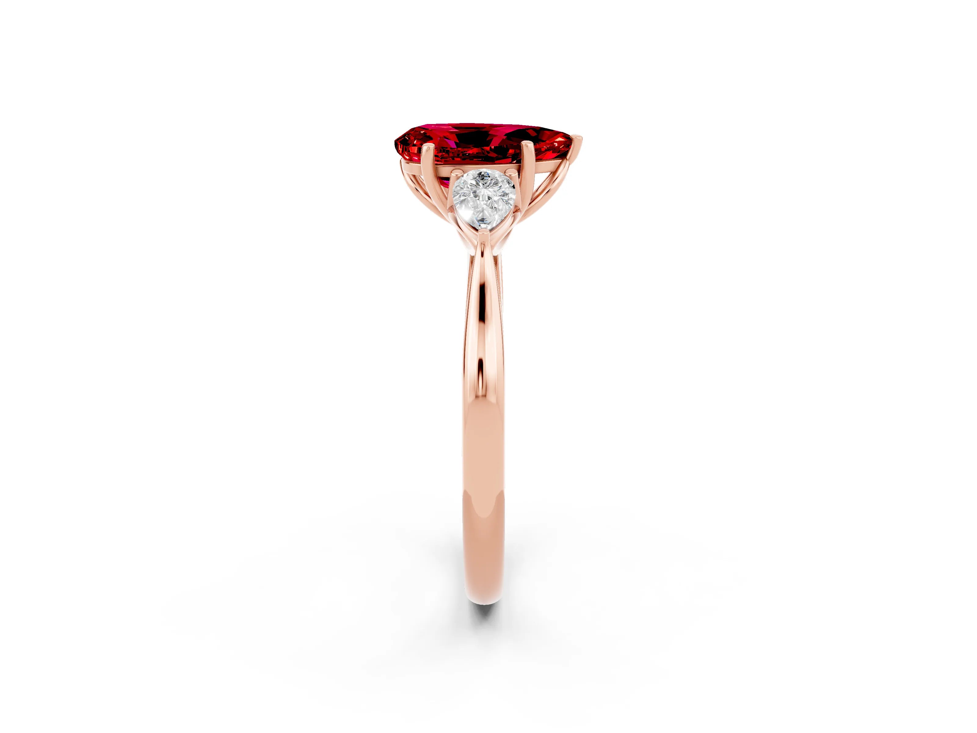 Rose gold Pear Cut Ruby Three-Stone Ring with Pear Side Stones and Four-Prong Setting_14