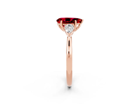 Rose gold Pear Cut Ruby Three-Stone Ring with Pear Side Stones and Four-Prong Setting_14