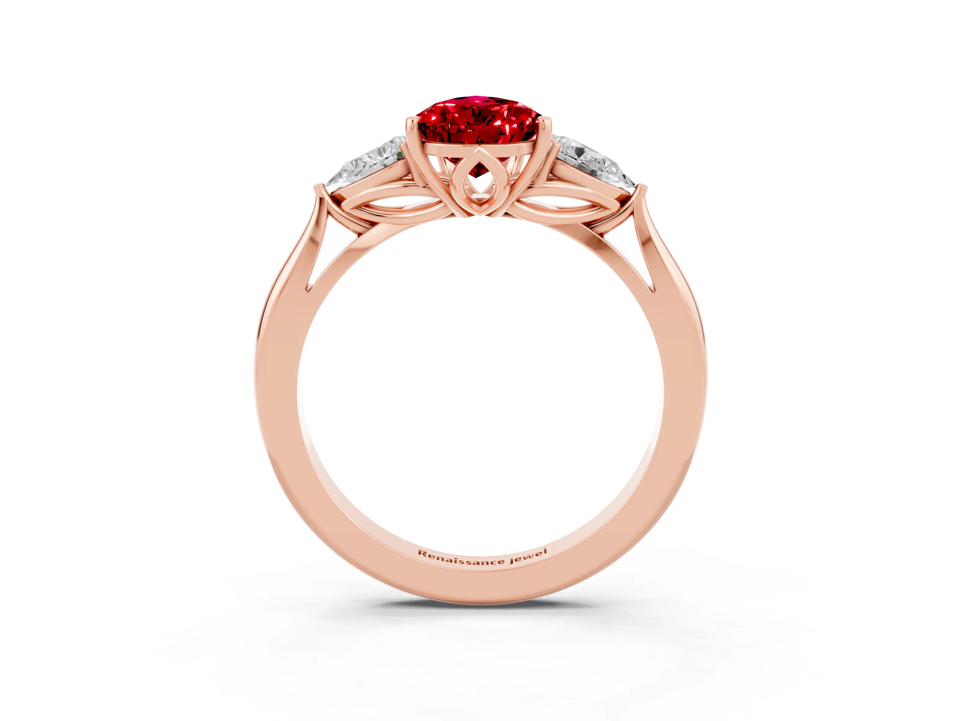 Rose gold Pear Cut Ruby Three-Stone Ring with Pear Side Stones and Four-Prong Setting_15