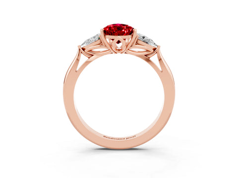 Rose gold Pear Cut Ruby Three-Stone Ring with Pear Side Stones and Four-Prong Setting_15