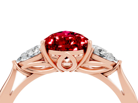 Rose gold Pear Cut Ruby Three-Stone Ring with Pear Side Stones and Four-Prong Setting_16