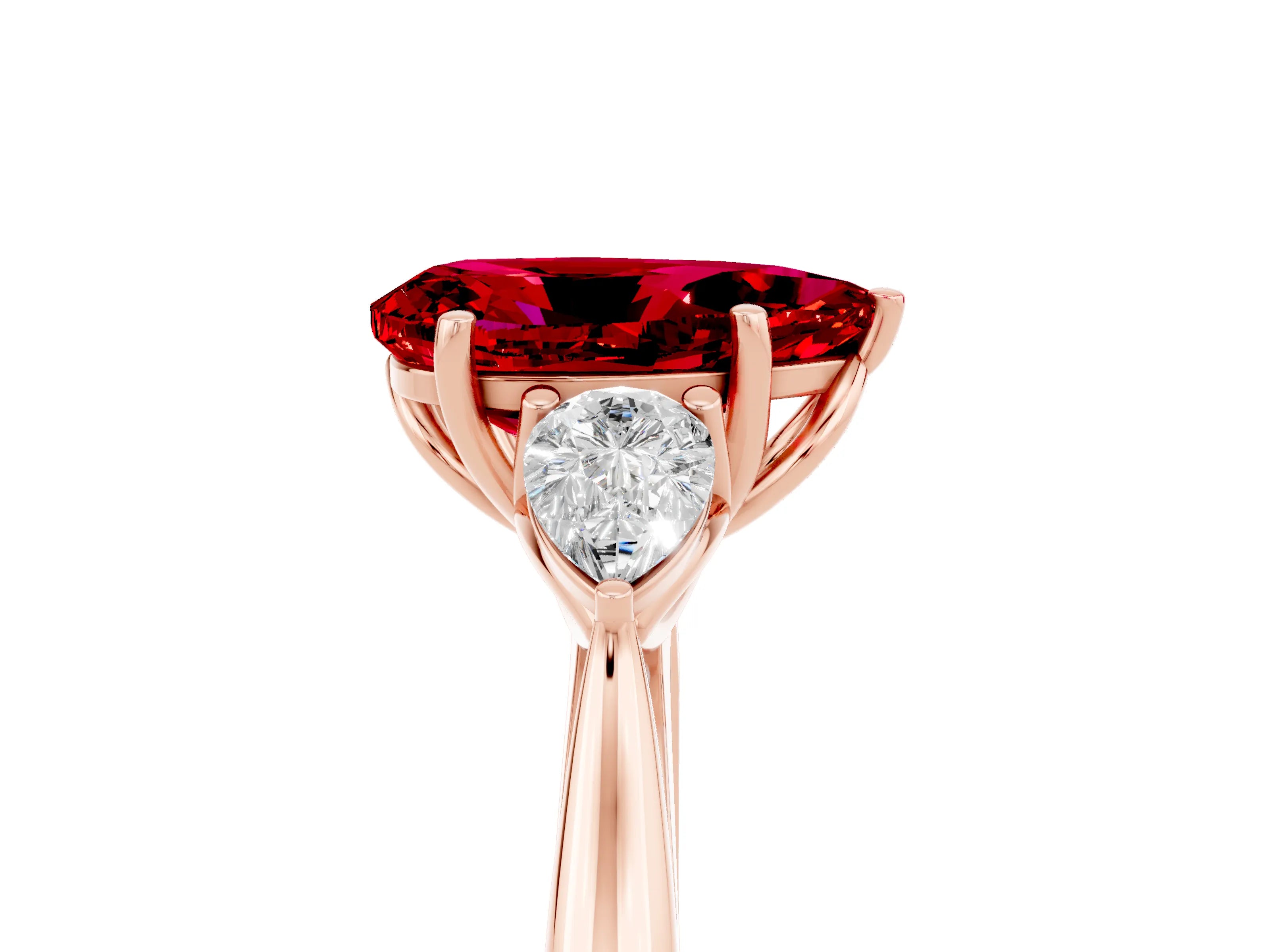 Rose gold Pear Cut Ruby Three-Stone Ring with Pear Side Stones and Four-Prong Setting_17