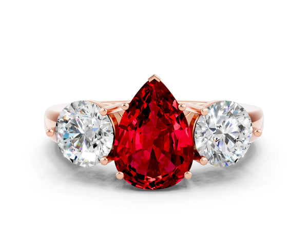 Rose gold Pear Cut Ruby Three-Stone Ring with Prong Setting and Classic Band