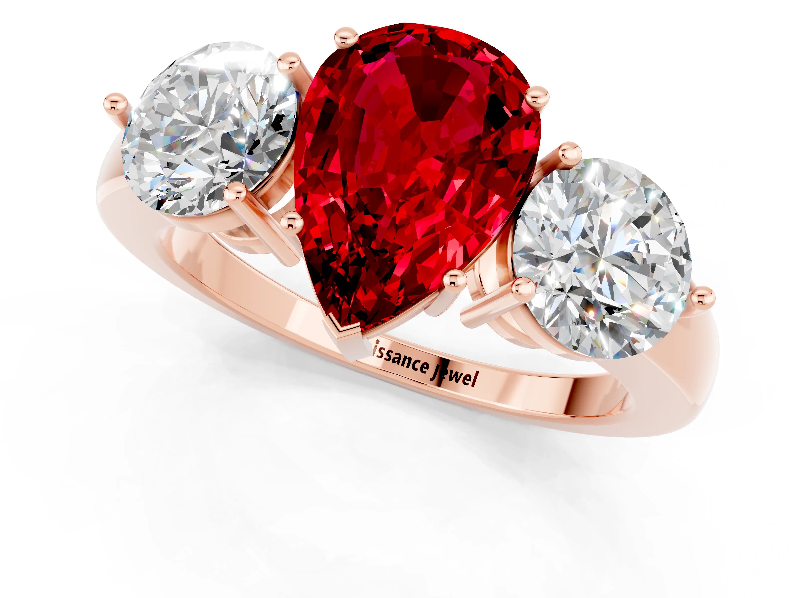 Rose gold Pear Cut Ruby Three-Stone Ring with Prong Setting and Classic Band_1