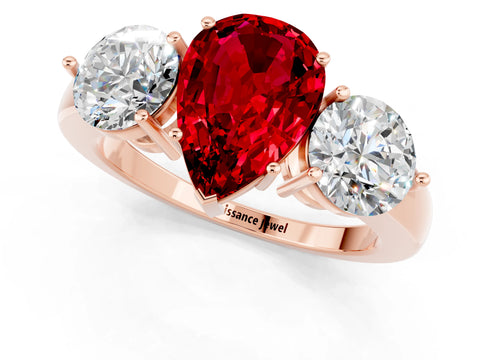 Rose gold Pear Cut Ruby Three-Stone Ring with Prong Setting and Classic Band_1