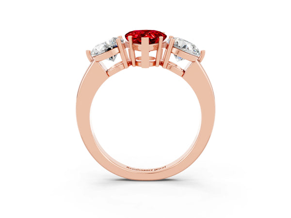 Rose gold Pear Cut Ruby Three-Stone Ring with Prong Setting and Classic Band