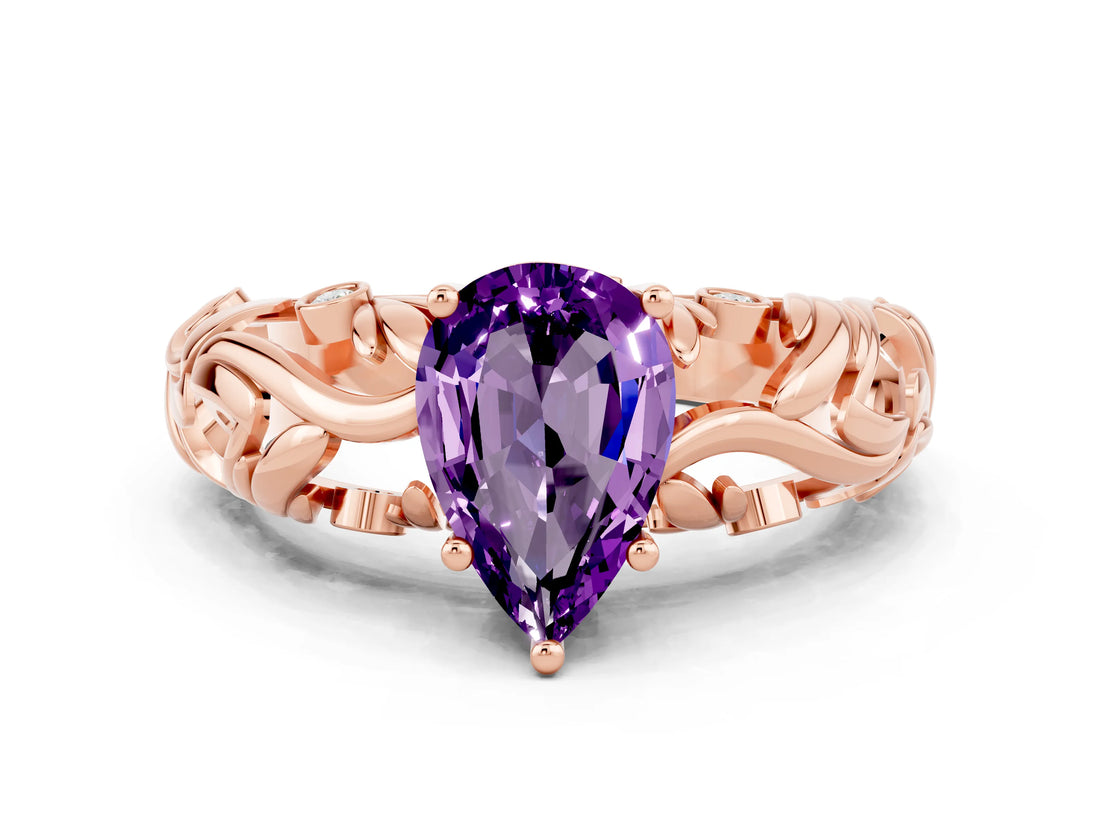 Rose gold Pear Cut Solitaire Amethyst Leaf-Inspired Vine Band Ring with Prong Setting