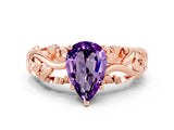 Rose gold Pear Cut Solitaire Amethyst Leaf-Inspired Vine Band Ring with Prong Setting