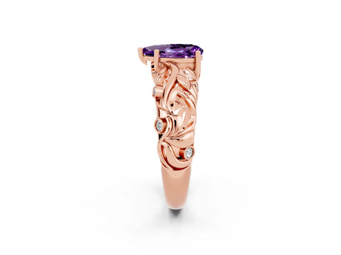 Rose gold Pear Cut Solitaire Amethyst Leaf-Inspired Vine Band Ring with Prong Setting_2