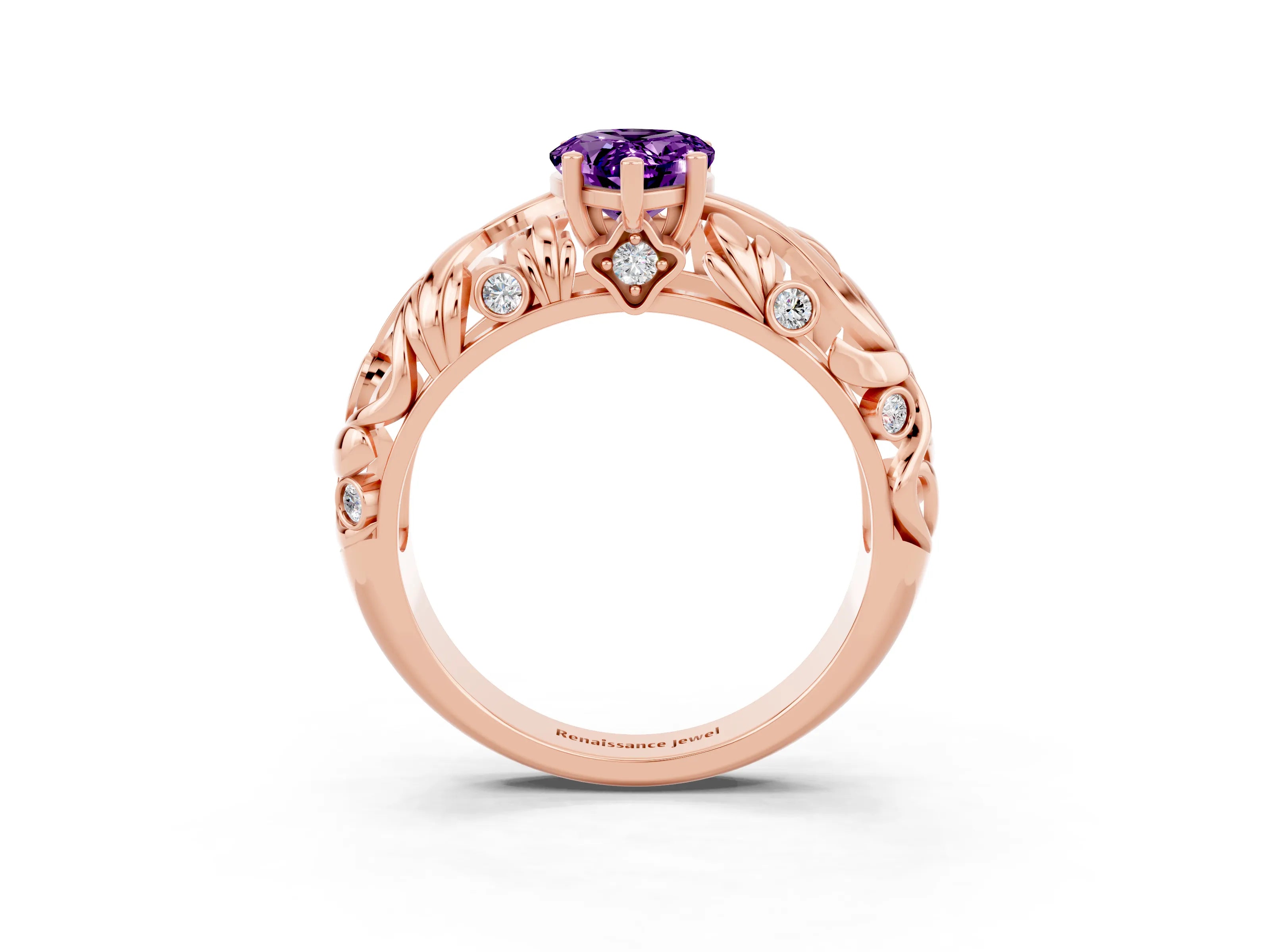 Rose gold Pear Cut Solitaire Amethyst Leaf-Inspired Vine Band Ring with Prong Setting_3