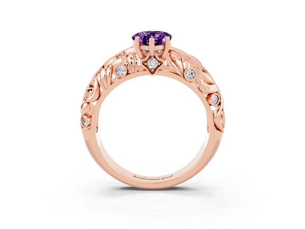Rose gold Pear Cut Solitaire Amethyst Leaf-Inspired Vine Band Ring with Prong Setting