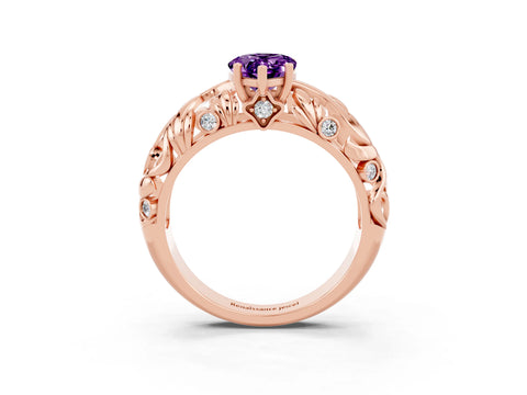 Rose gold Pear Cut Solitaire Amethyst Leaf-Inspired Vine Band Ring with Prong Setting_3