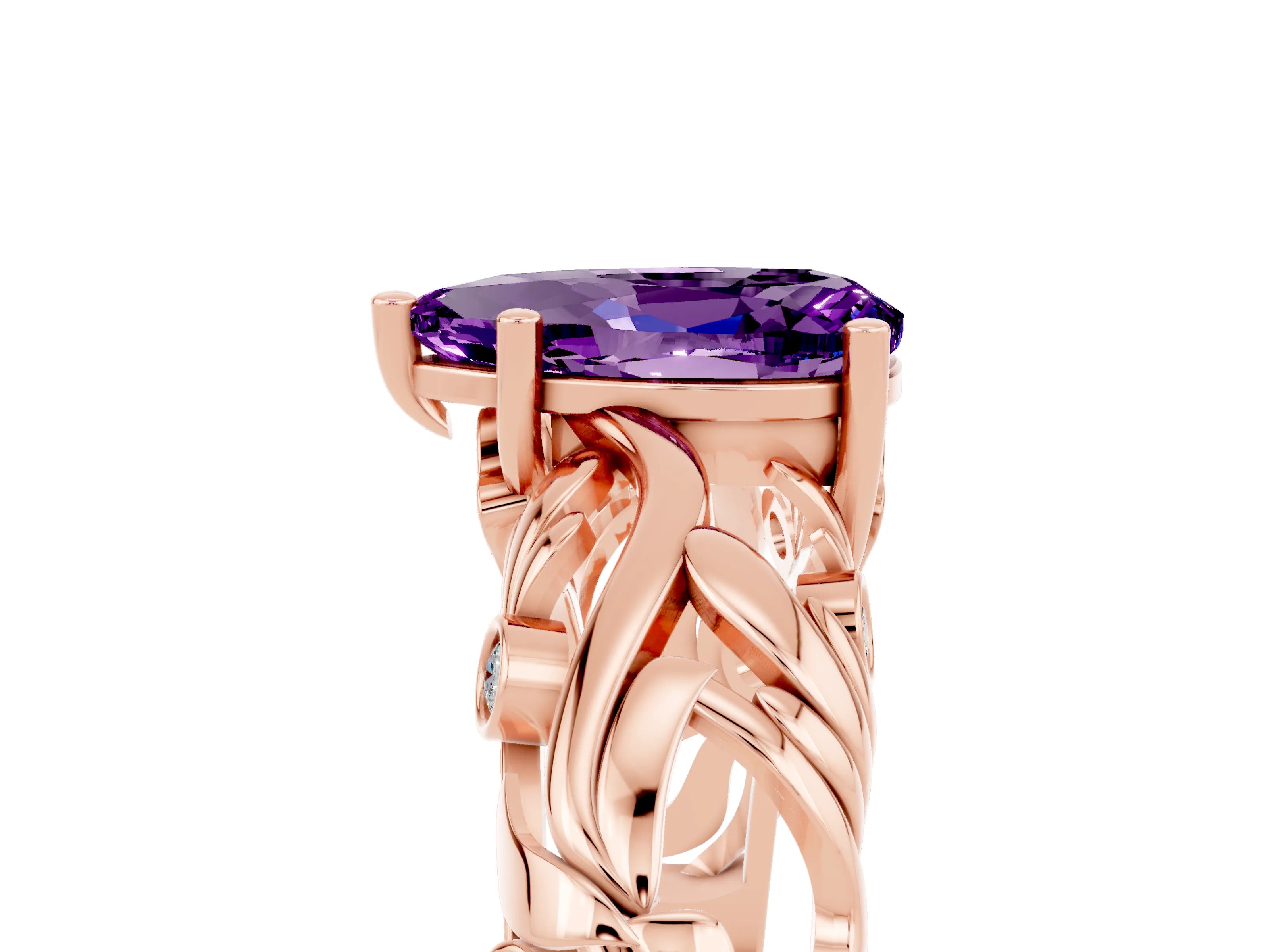 Rose gold Pear Cut Solitaire Amethyst Leaf-Inspired Vine Band Ring with Prong Setting_5
