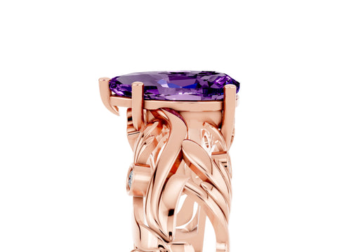 Rose gold Pear Cut Solitaire Amethyst Leaf-Inspired Vine Band Ring with Prong Setting_5