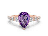 Rose gold Pear Cut Solitaire Amethyst Ring with Pave Band and Four-Prong Setting