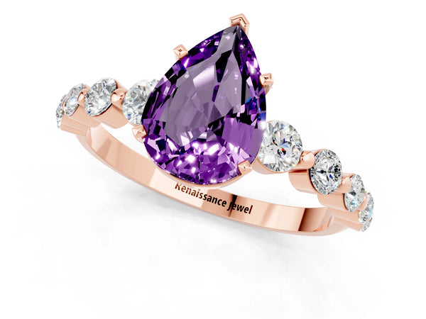 Rose gold Pear Cut Solitaire Amethyst Ring with Pave Band and Four-Prong Setting