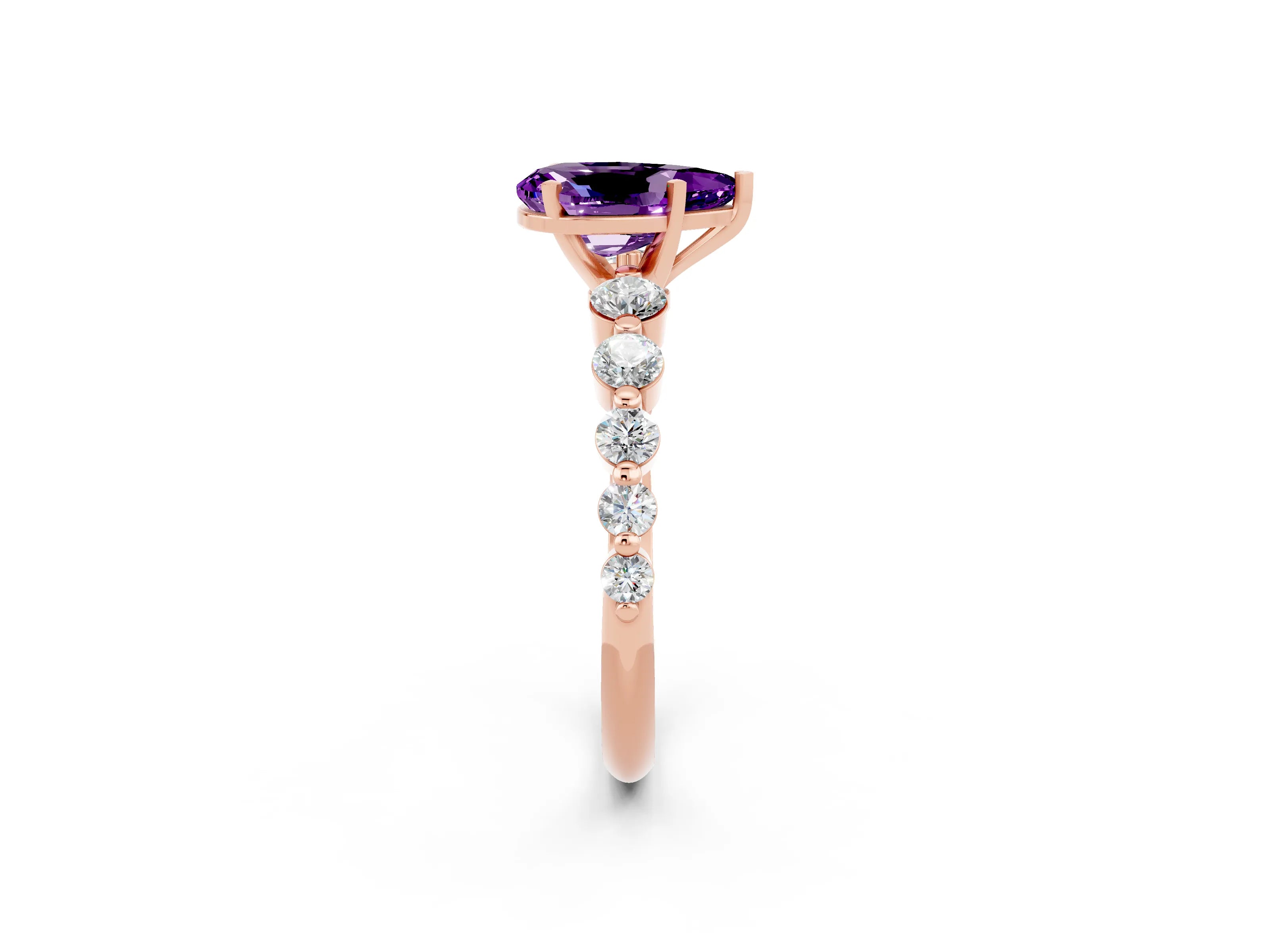 Rose gold Pear Cut Solitaire Amethyst Ring with Pave Band and Four-Prong Setting_2