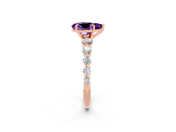 Rose gold Pear Cut Solitaire Amethyst Ring with Pave Band and Four-Prong Setting