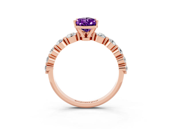 Rose gold Pear Cut Solitaire Amethyst Ring with Pave Band and Four-Prong Setting