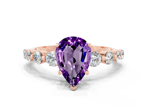 Rose gold Pear Cut Solitaire Amethyst Ring with Pave Band and Four-Prong Setting