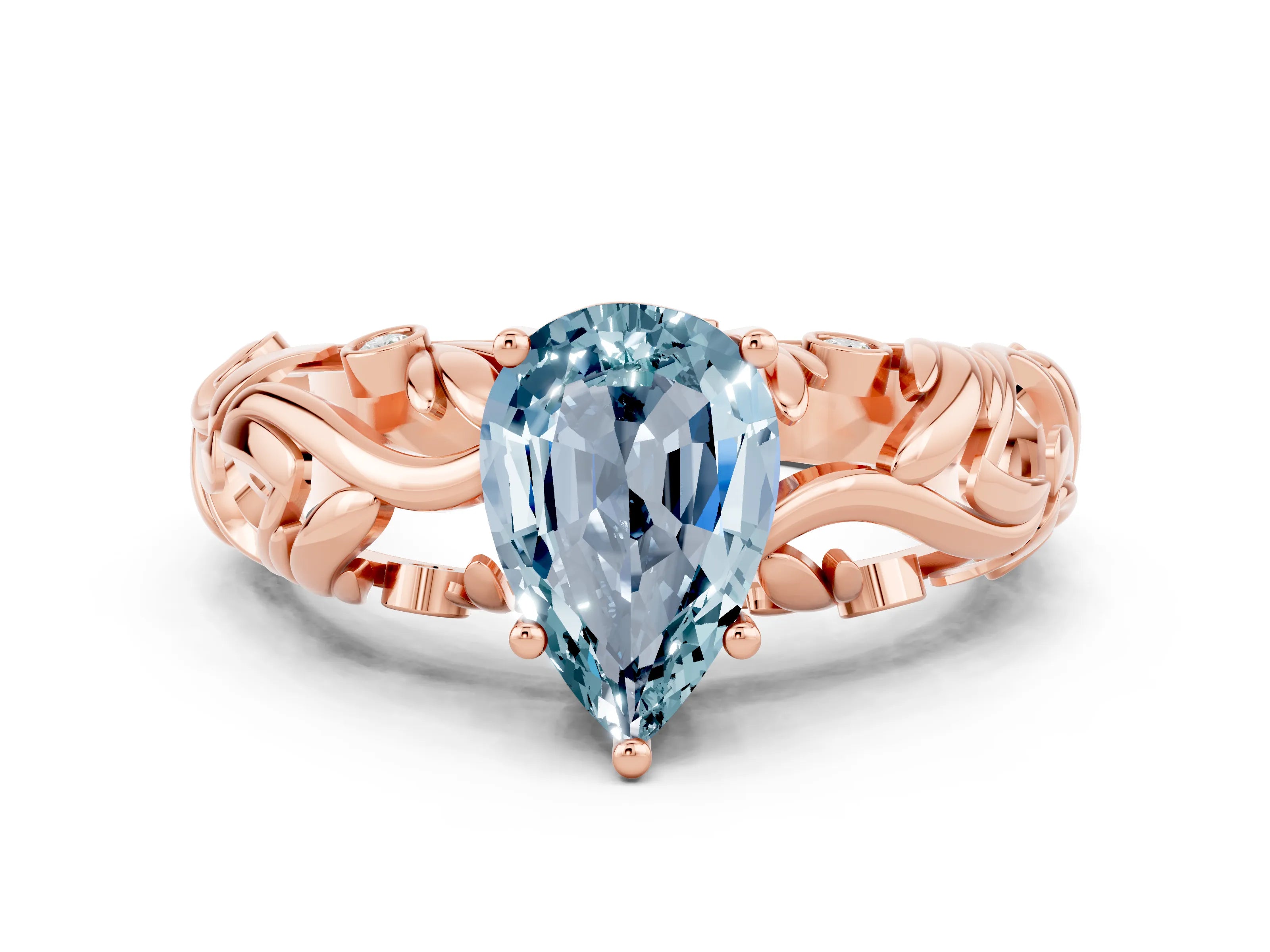 Rose gold Pear Cut Solitaire Aquamarine Leaf-Inspired Vine Band Ring with Prong Setting