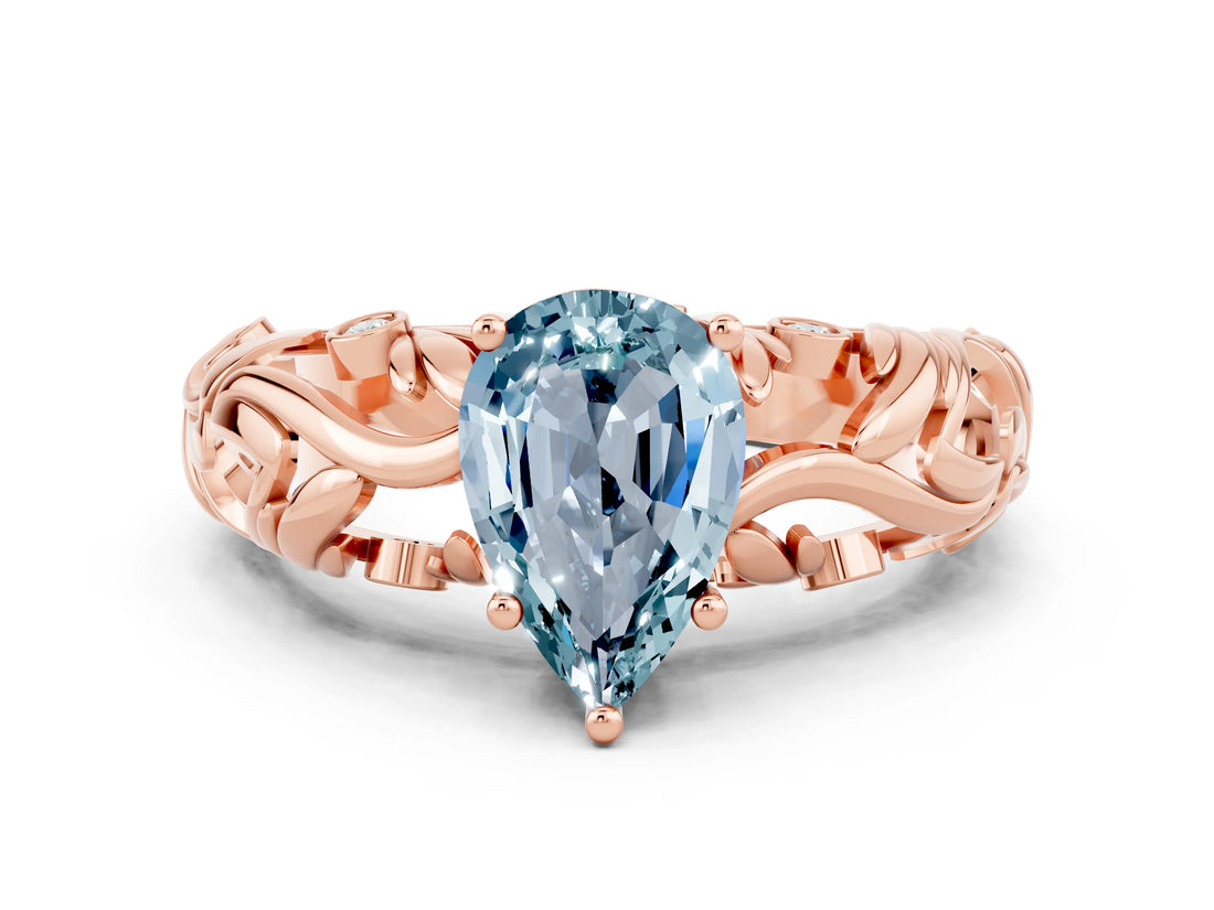 Rose gold Pear Cut Solitaire Aquamarine Leaf-Inspired Vine Band Ring with Prong Setting