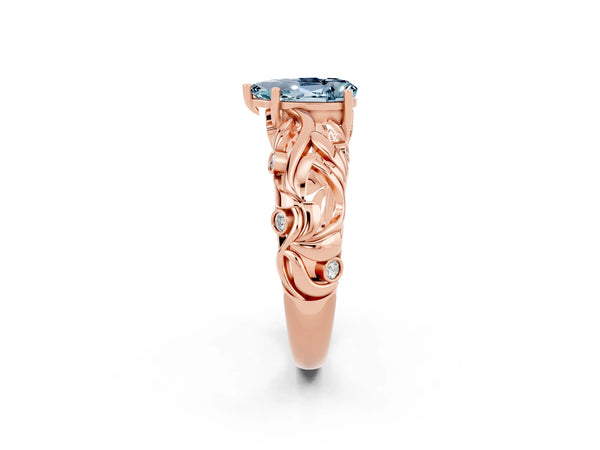 Rose gold Pear Cut Solitaire Aquamarine Leaf-Inspired Vine Band Ring with Prong Setting