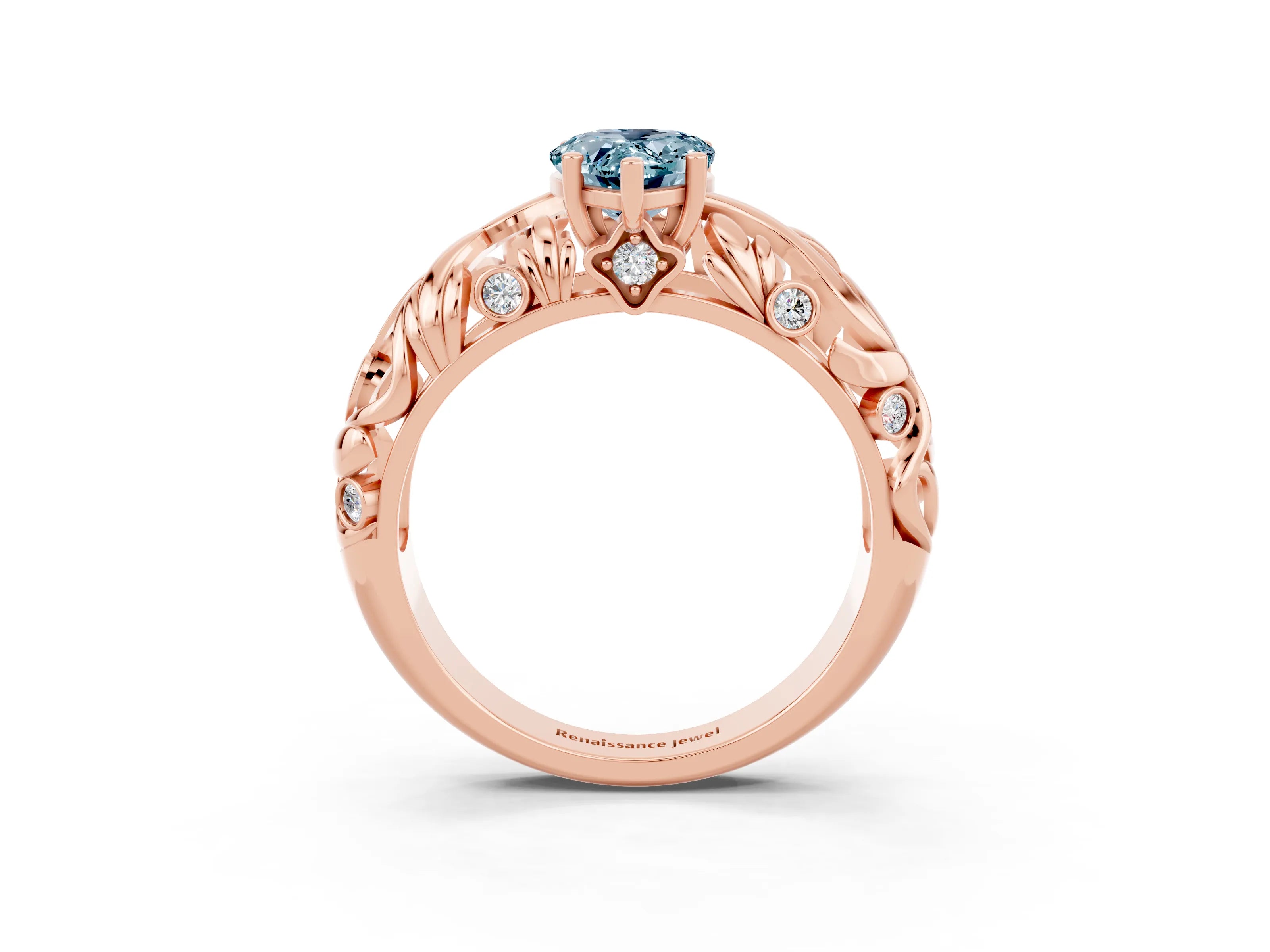 Rose gold Pear Cut Solitaire Aquamarine Leaf-Inspired Vine Band Ring with Prong Setting_3