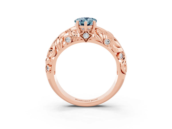 Rose gold Pear Cut Solitaire Aquamarine Leaf-Inspired Vine Band Ring with Prong Setting