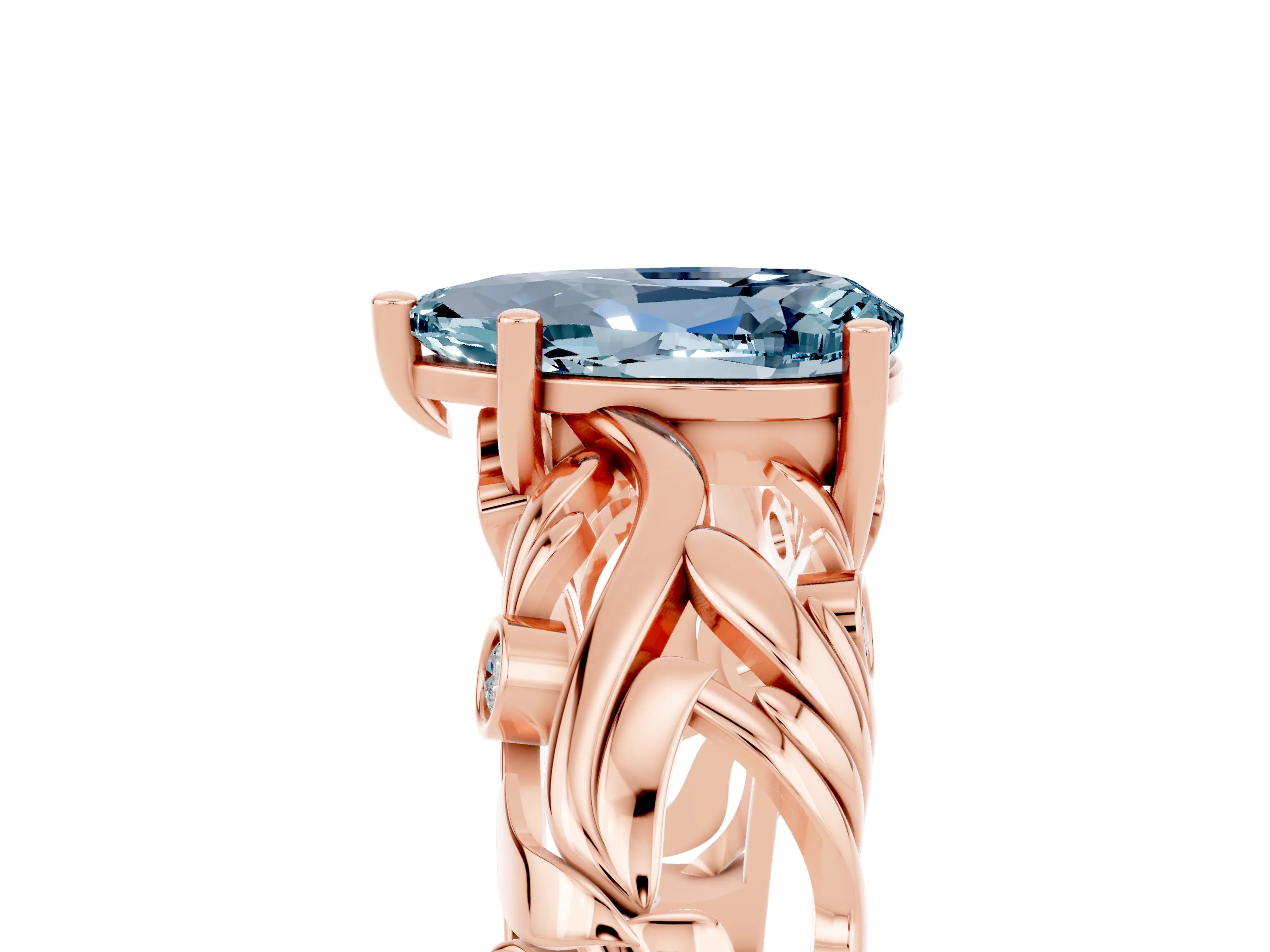 Rose gold Pear Cut Solitaire Aquamarine Leaf-Inspired Vine Band Ring with Prong Setting_5