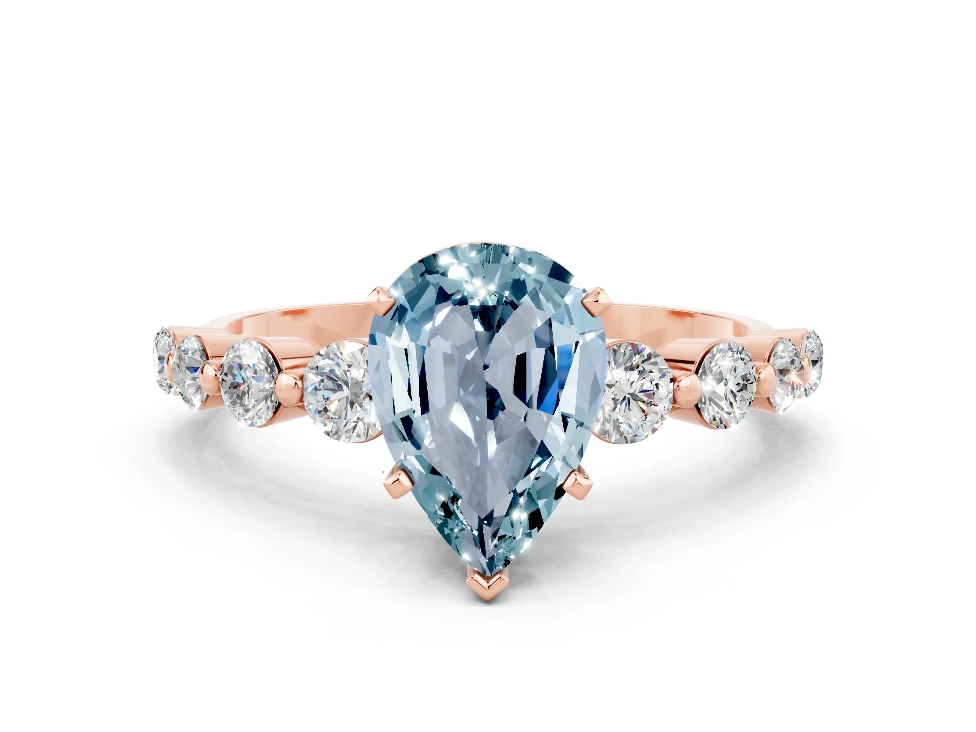 Rose gold Pear Cut Solitaire Aquamarine Ring with Pave Band and Four-Prong Setting