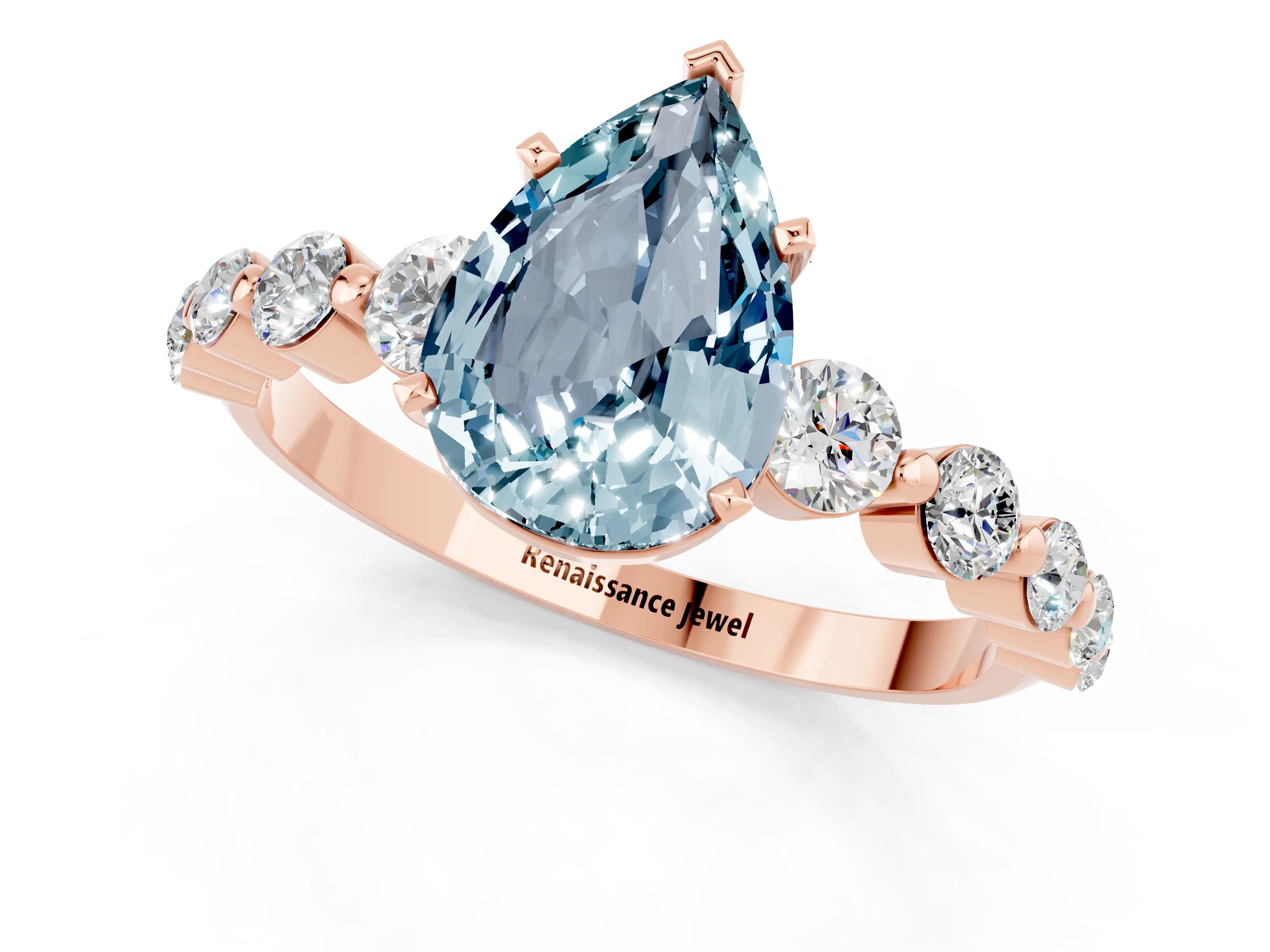 Rose gold Pear Cut Solitaire Aquamarine Ring with Pave Band and Four-Prong Setting_1
