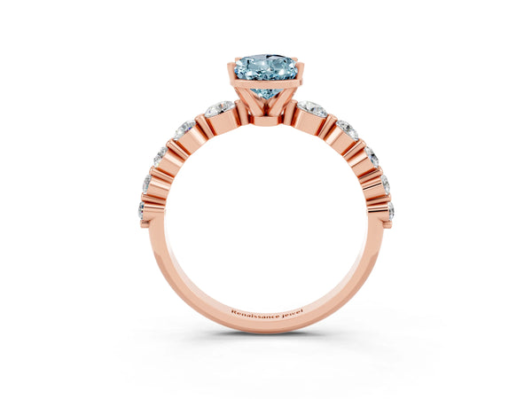 Rose gold Pear Cut Solitaire Aquamarine Ring with Pave Band and Four-Prong Setting