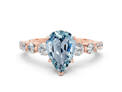 Rose gold Pear Cut Solitaire Aquamarine Ring with Pave Band and Four-Prong Setting