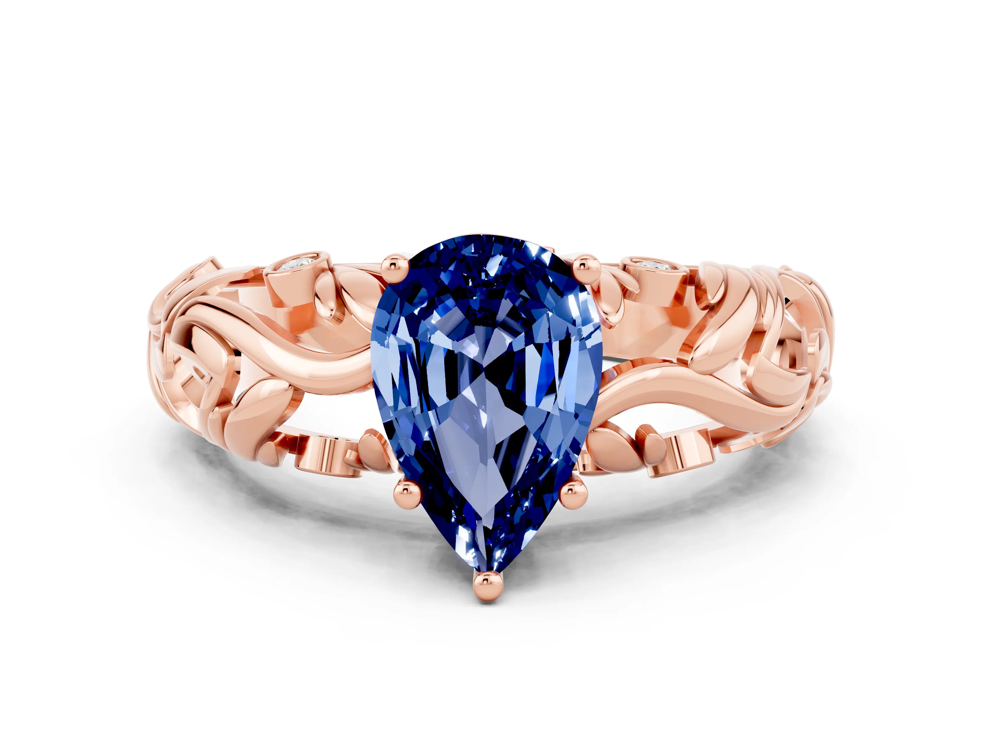 Rose gold Pear Cut Solitaire Blue Sapphire Leaf-Inspired Vine Band Ring with Prong Setting