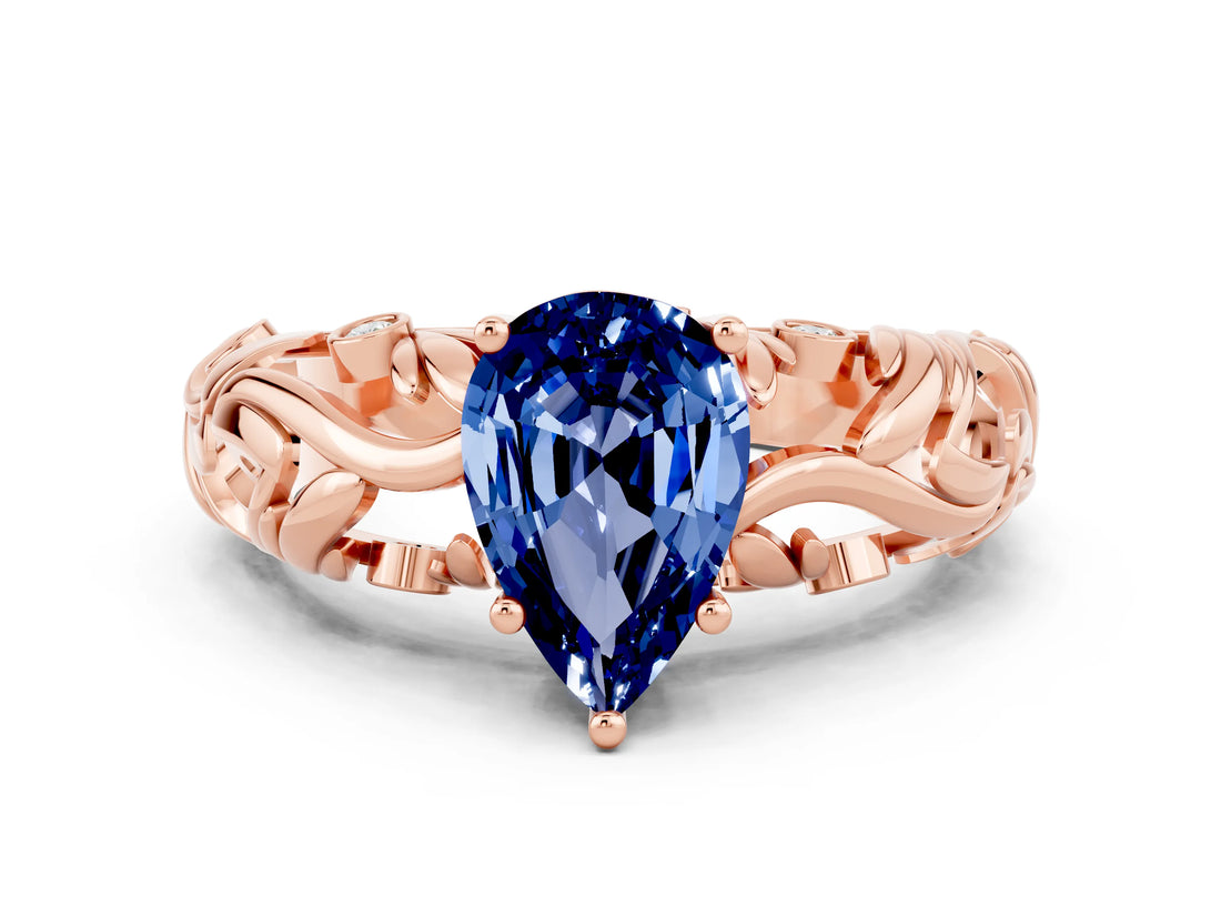 Rose gold Pear Cut Solitaire Blue Sapphire Leaf-Inspired Vine Band Ring with Prong Setting