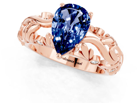 Rose gold Pear Cut Solitaire Blue Sapphire Leaf-Inspired Vine Band Ring with Prong Setting_1