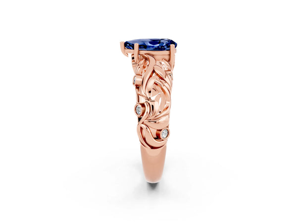 Rose gold Pear Cut Solitaire Blue Sapphire Leaf-Inspired Vine Band Ring with Prong Setting