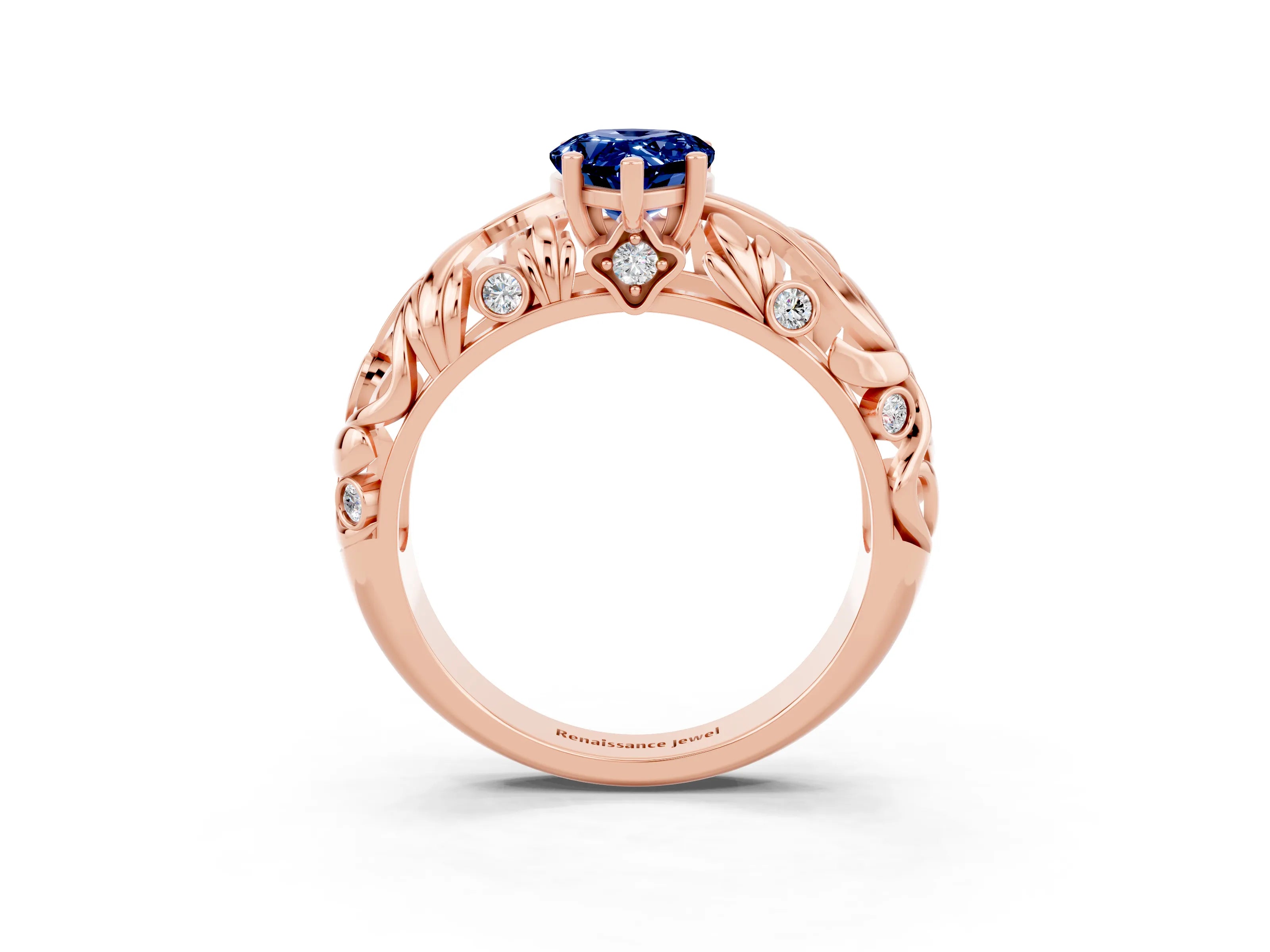 Rose gold Pear Cut Solitaire Blue Sapphire Leaf-Inspired Vine Band Ring with Prong Setting_3